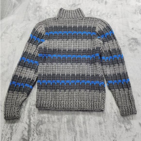 Vintage Hand Made Striped Mock Neck Pullover Sweater Size M Gray Blue Stretch - Picture 2 of 5
